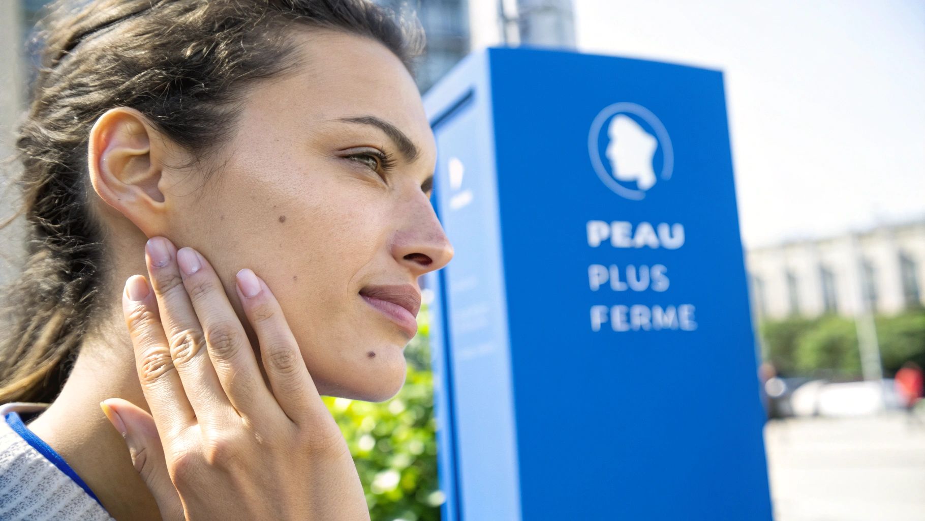 Une femme en profil touche son visage, avec un panneau bleu 'PEAU PLUS FERME' en arrière-plan.