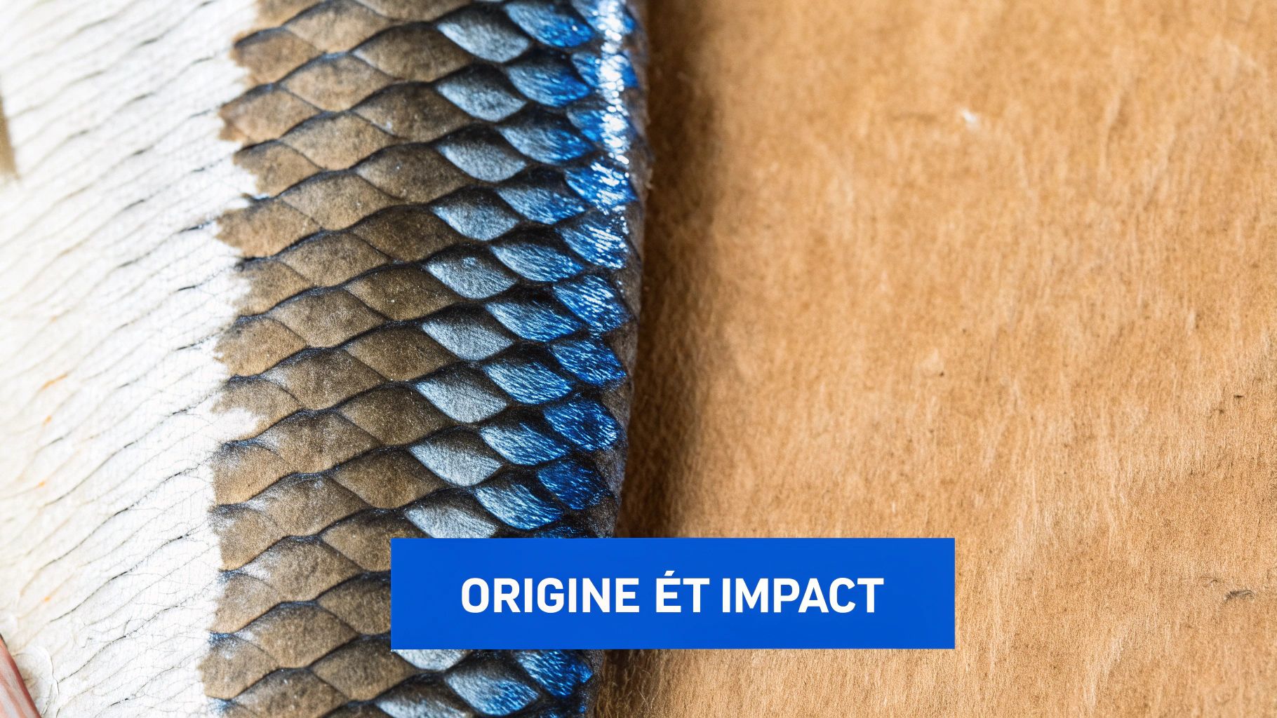 Gros plan détaillé sur les écailles d'un poisson, affichant une transition de couleur, avec un bandeau bleu indiquant « ORIGINE ET IMPACT ».
