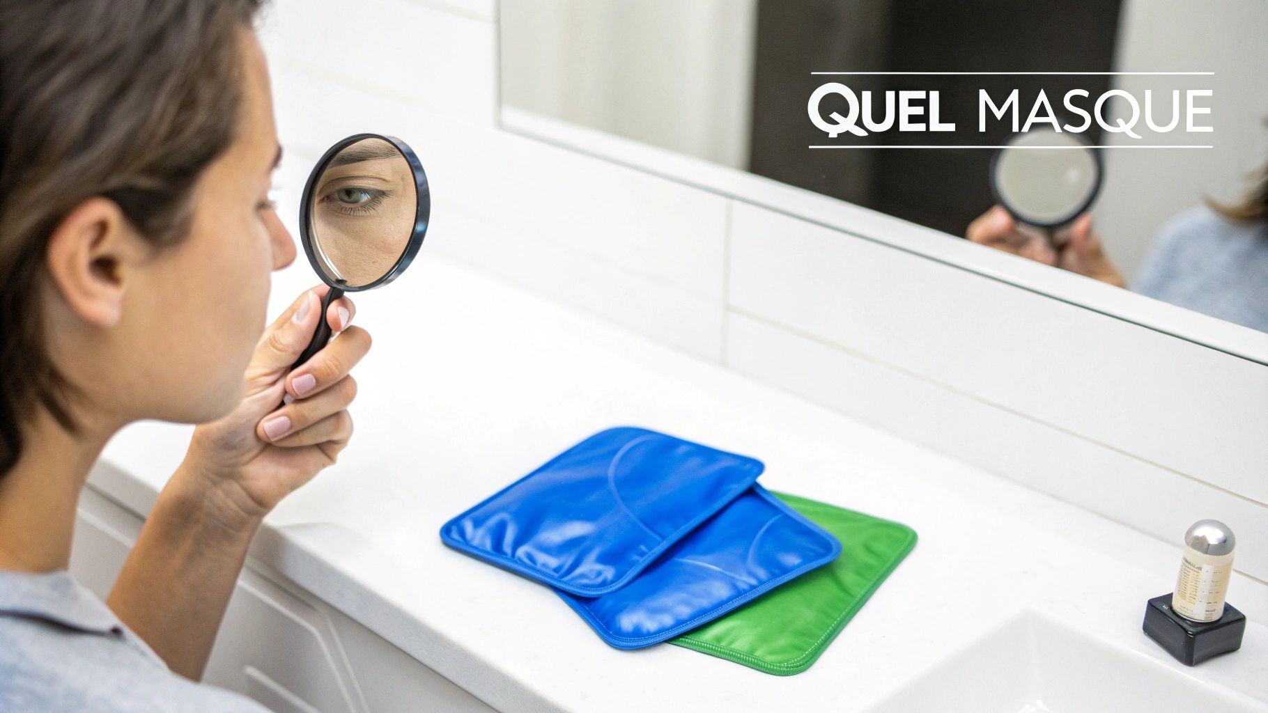 Une personne examine son œil à la loupe, avec des masques anti-cernes sur le comptoir de la salle de bain.