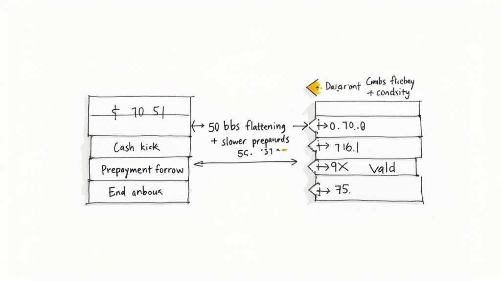 Hand-drawn diagram showing yield curve flattening relationships between prepayment, cash kick, and interest rate scenarios
