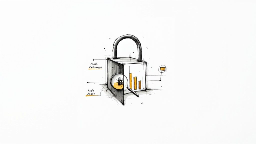 A sketch of a padlock with an internal bar chart, magnifying glass, and labels for model considerations and audit.