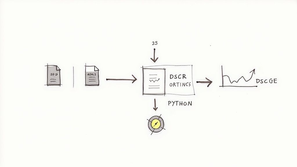 A hand-drawn flowchart illustrating a data processing workflow, transforming input files into a graph output.