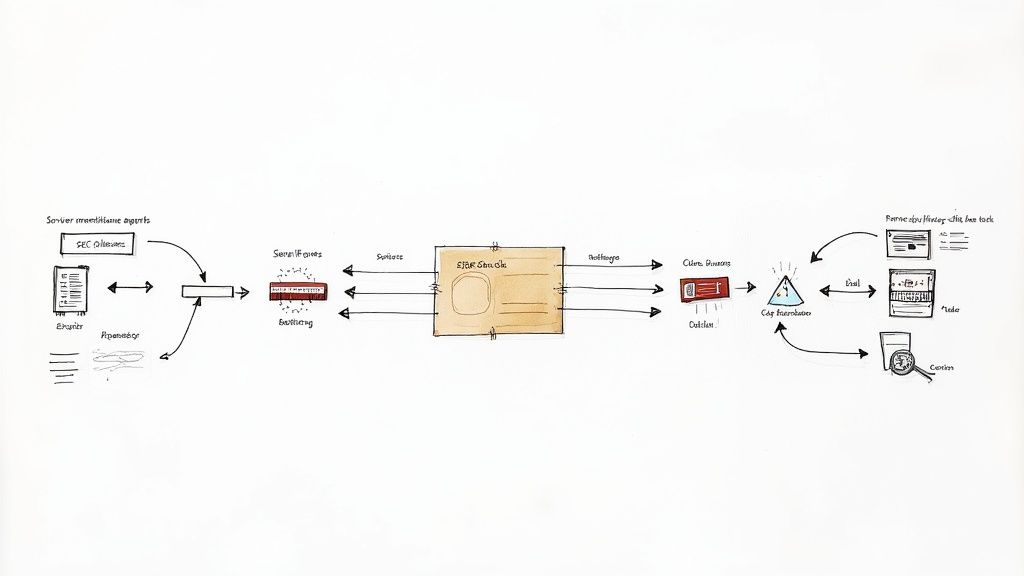 A complex hand-drawn system diagram illustrating data processing, compliance, and incident management workflows.
