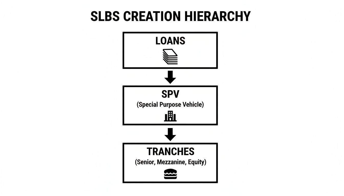 Diagram illustrating the SLBS creation hierarchy: Loans flow into a Special Purpose Vehicle, which then issues Tranches.
