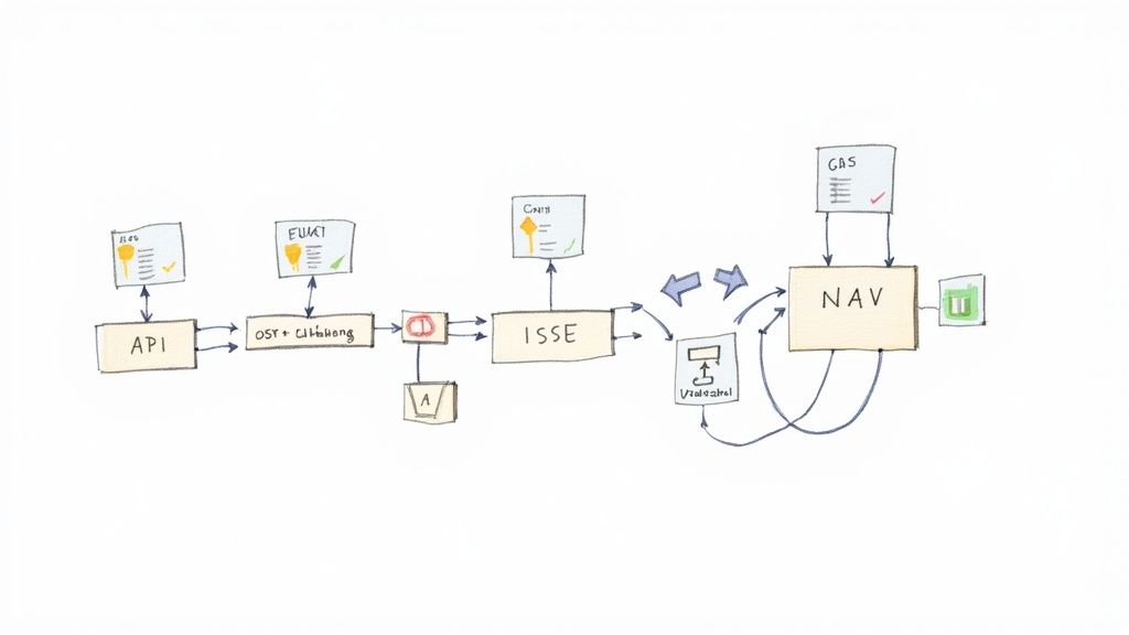 Real estate investment workflow diagram showing API, OST, ISSE, and NAV components with data flow connections
