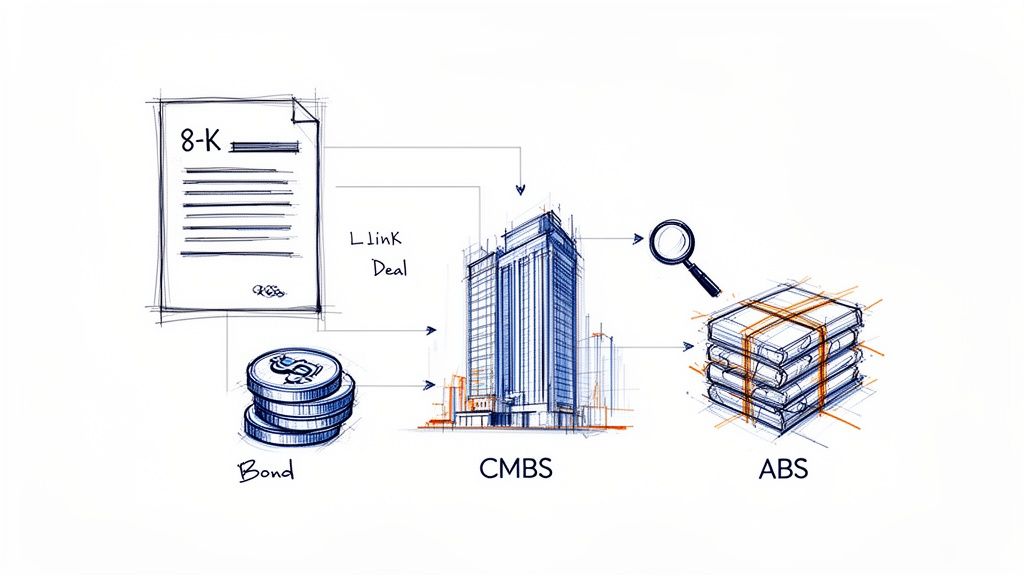 Sketch illustrating the relationship between 8-K filings, L Link Deals, bonds, CMBS, and ABS financial instruments.