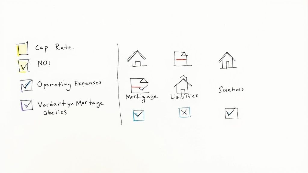 Hand-drawn checklist showing real estate valuation methods including NOI, operating expenses, and mortgage debt