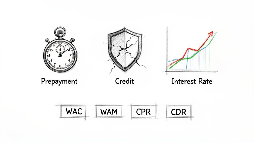 Sketched icons representing prepayment, credit, and interest rate, alongside financial acronyms WAC, WAM, CPR, CDR.