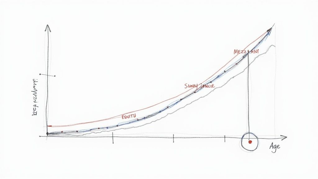 Hand-drawn graph shows increasing risk premiums over age, with labeled curves for Equity, SUMB JUNCIE, and Mezzanine.