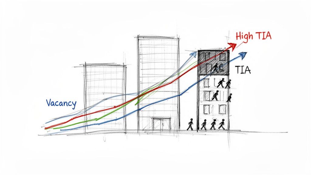 Sketch of real estate market trends with buildings, vacancy, and tenant improvement allowance graphs.