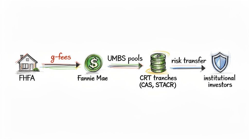 Flowchart illustrating the mortgage finance process from FHFA through Fannie Mae, UMBS pools, and CRT tranches to institutional investors.