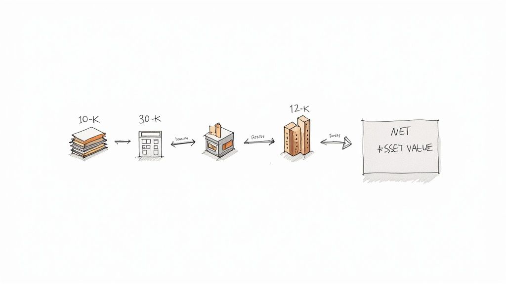 Diagram showing real estate investment progression from small to large properties calculating net asset value