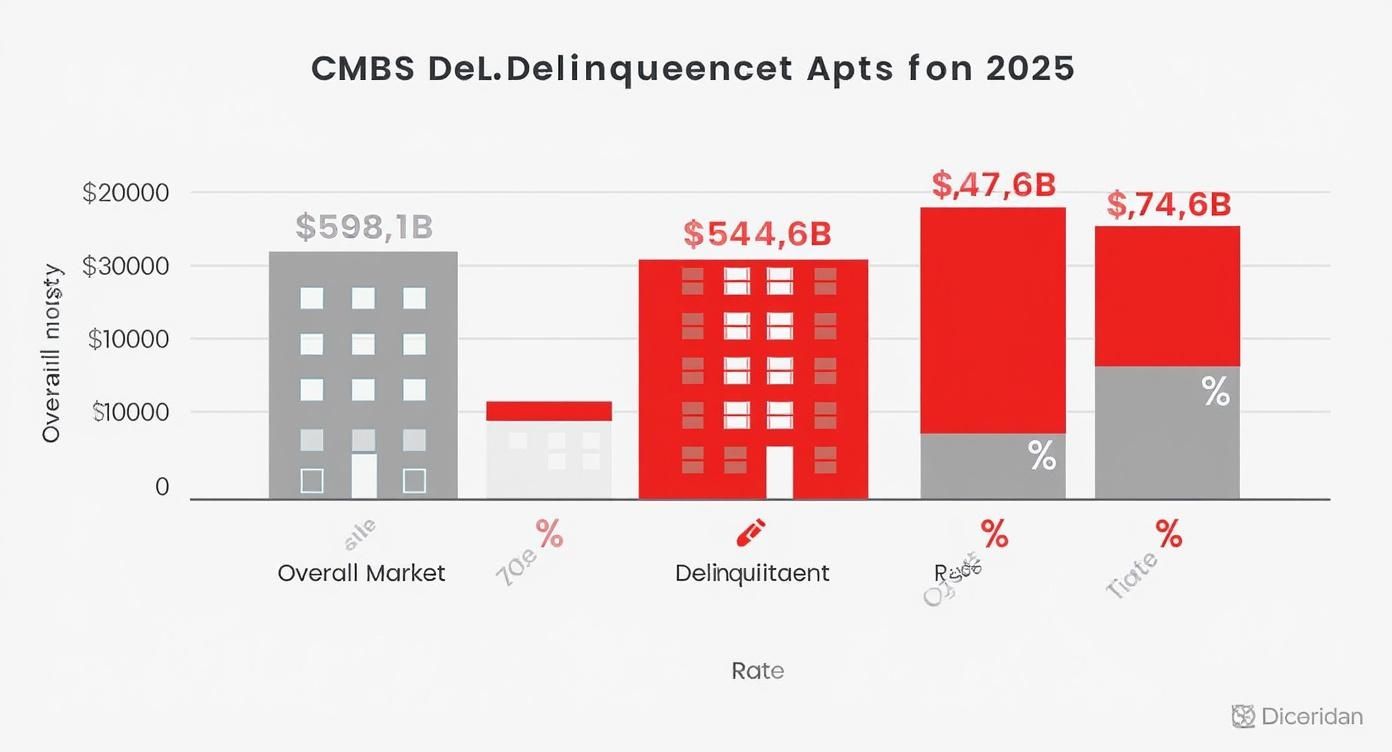 CMBS apartment delinquency trends bar chart for 2025, showing market values, delinquent amounts, and rates.