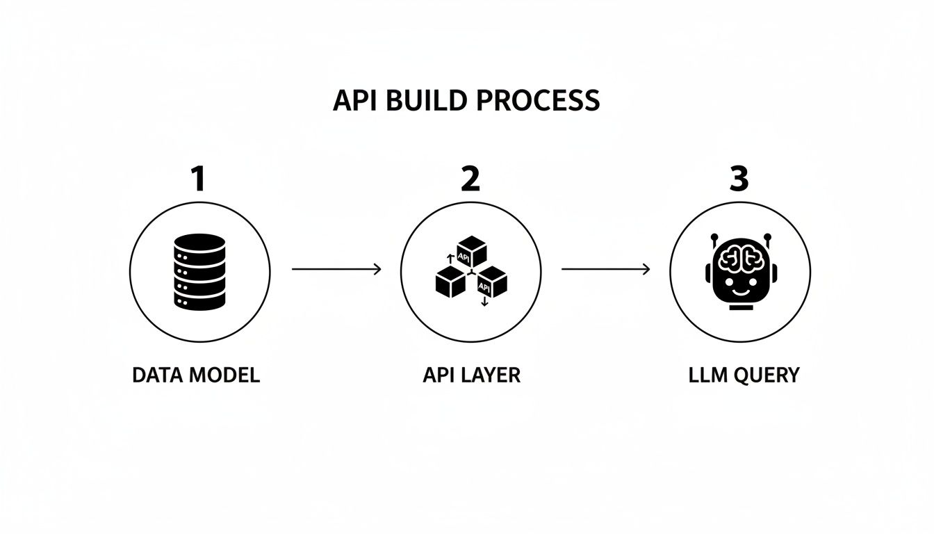 Diagram illustrating the API build process steps: Data Model, API Layer, and LLM Query.