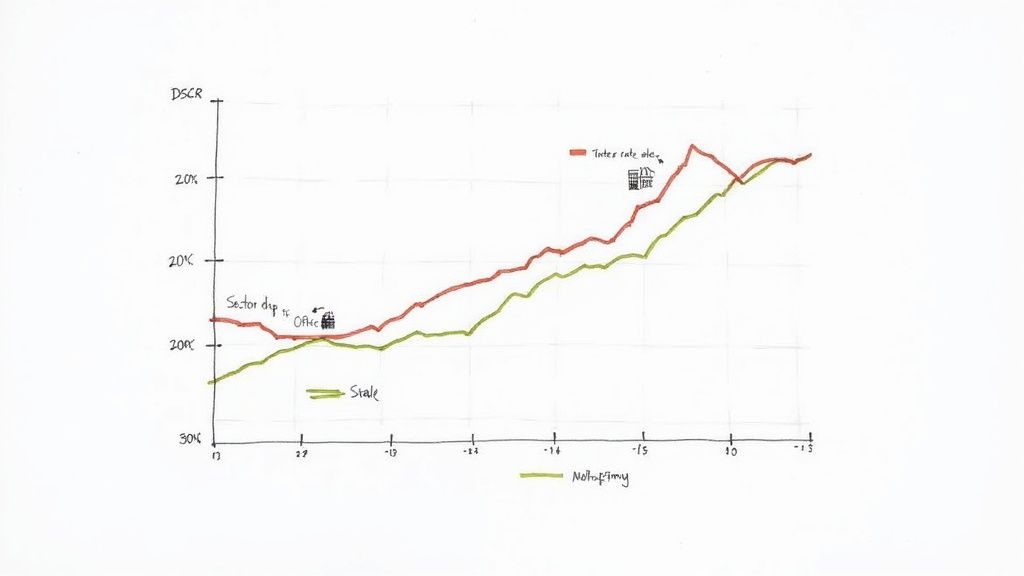A hand-drawn line graph comparing two trends, 'Tates rate' and 'Stale', related to DSCR over time.