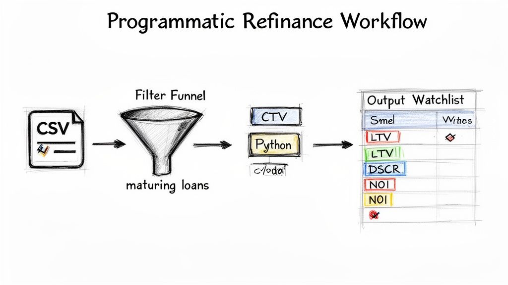A diagram illustrates a programmatic refinance workflow, from CSV input to an output watchlist.