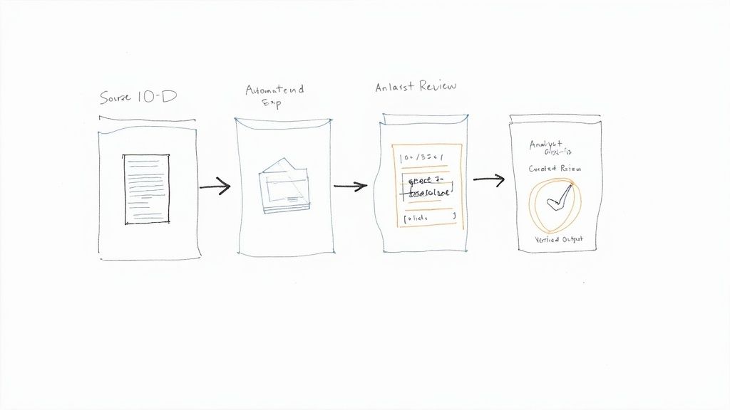 Workflow diagram illustrating data processing from source document, automated extraction, analyst review, to verified output.