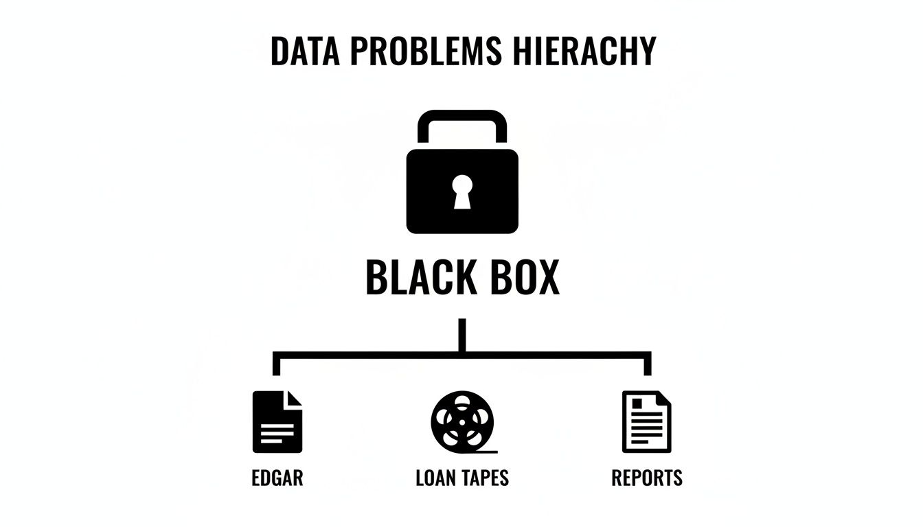 A data problems hierarchy diagram with 'Black Box' at the top, linking to EDGAR, loan tapes, and reports.