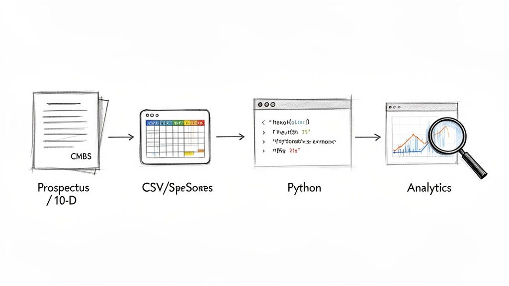 Workflow diagram illustrating data transformation from CMBS prospectus to CSV, Python processing, and final analytics.