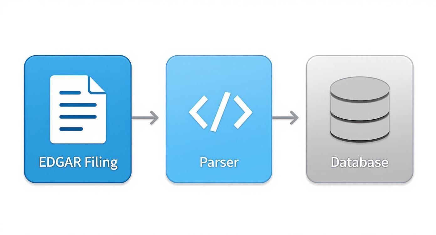 A diagram illustrating EDGAR Filings flowing into a Parser, which then stores the data in a Database.