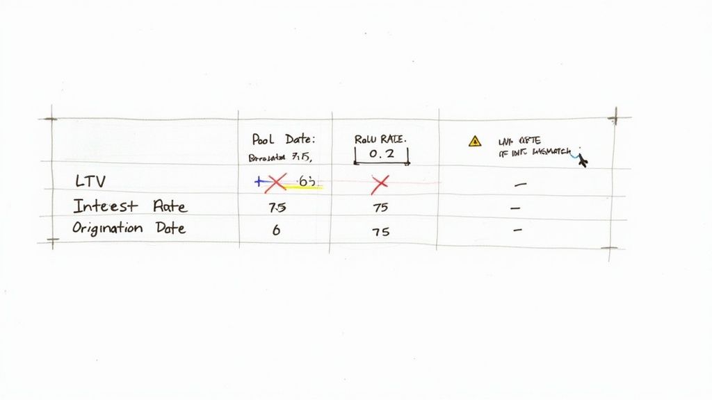 Handwritten table displaying pool date, roll rate, LTV, interest rate, and origination date with crossed-out values.