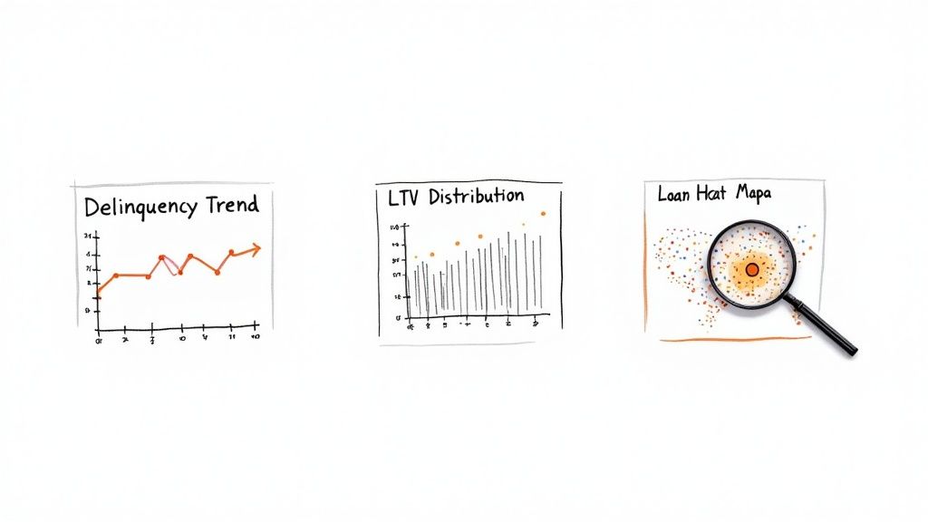 Three hand-drawn financial charts depicting delinquency trends, LTV distribution, and a loan heat map.