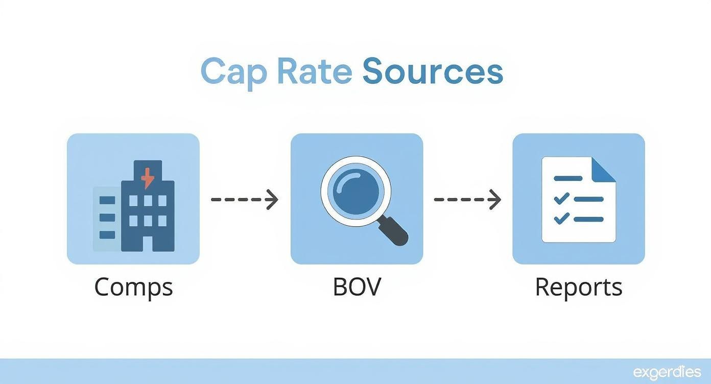 Flow chart showing cap rate calculation process from comparable properties through analysis to final reports
