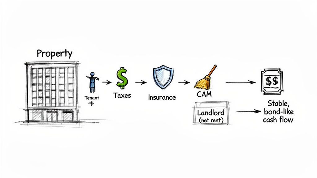 Flowchart illustrating the triple net lease where tenants cover property taxes, insurance, and common area maintenance.