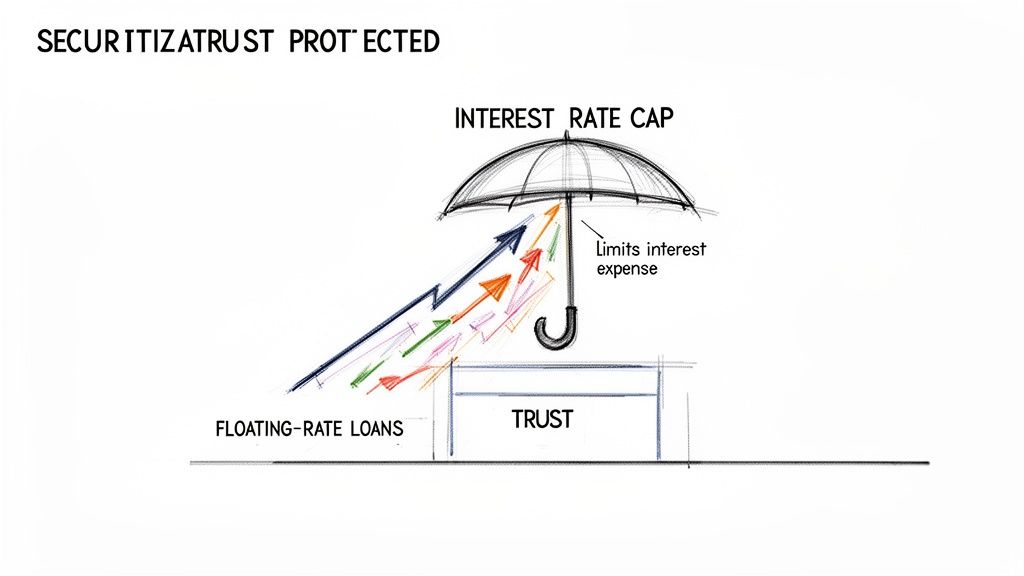 Diagram showing an interest rate cap umbrella protecting a trust from rising floating-rate loan expenses.