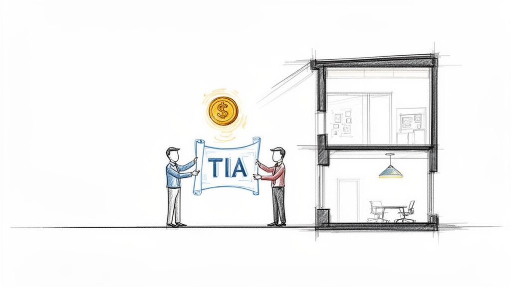 Two men hold a 'TIA' scroll with a dollar coin, next to a building cross-section.