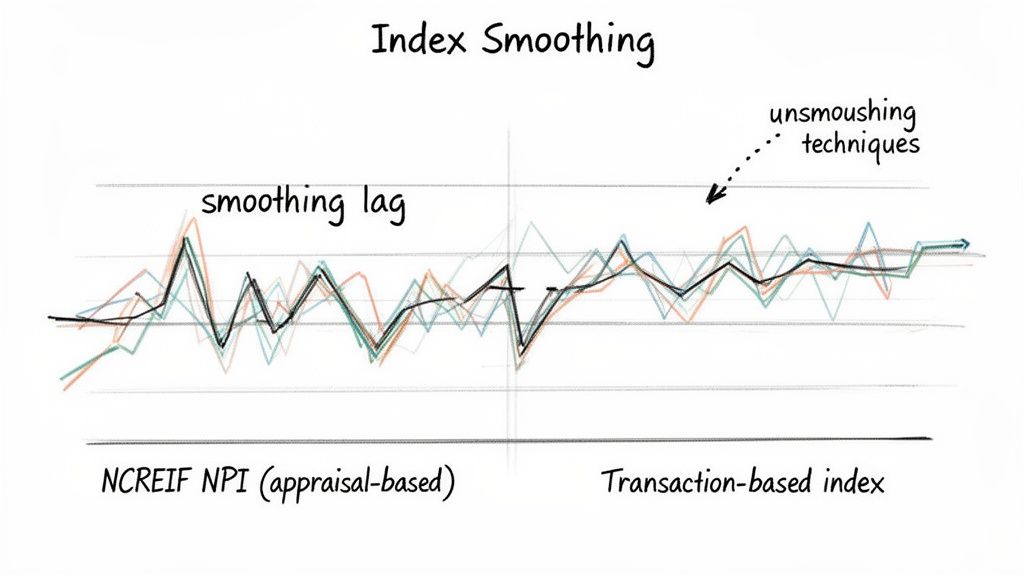 Graph illustrating index smoothing, comparing NCREIF NPI (appraisal-based) with a transaction-based index.