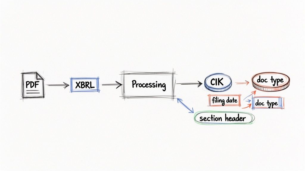 Flowchart illustrating the conversion of PDF to XBRL, followed by processing to extract CIK, filing date, document type, and section header.