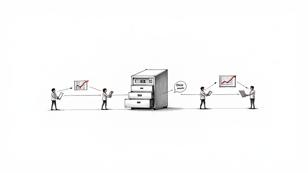 Illustration of people interacting with a data server, processing and receiving information with charts.