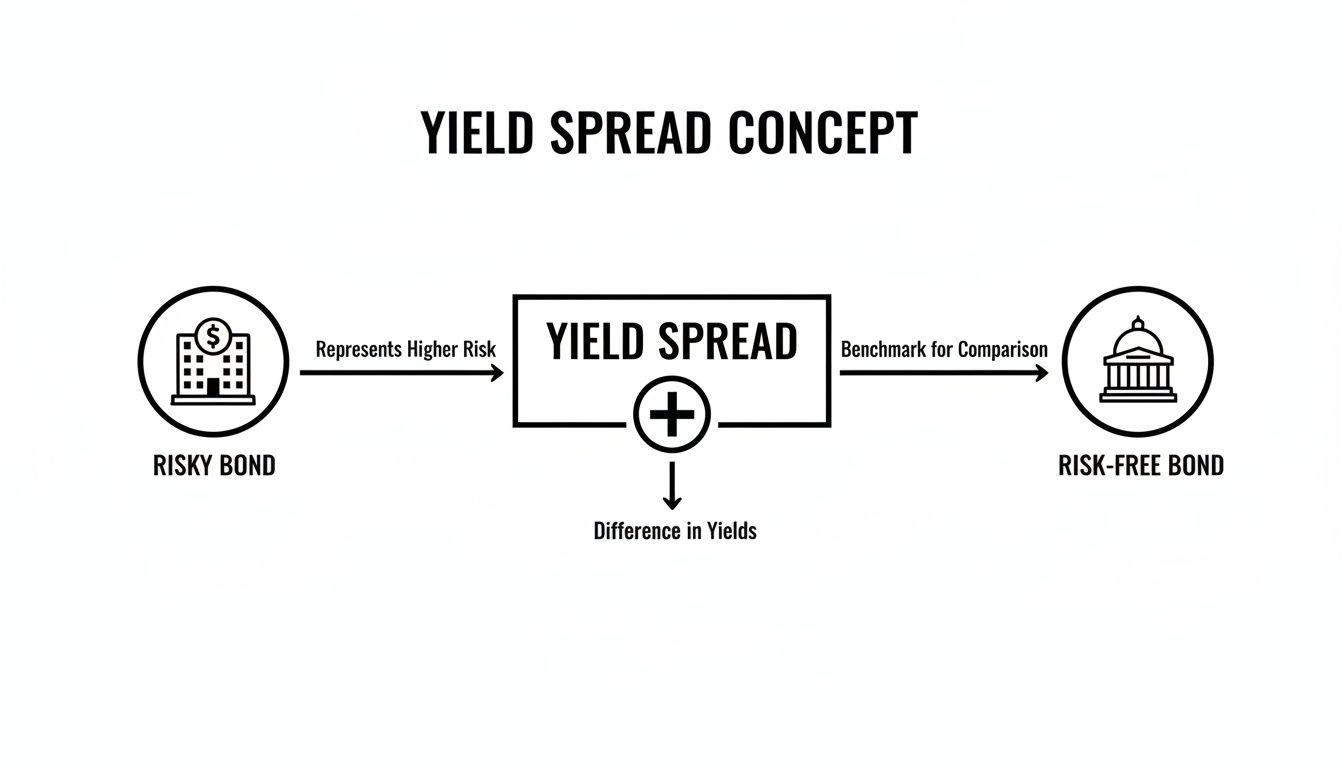 Diagram illustrating the yield spread concept, showing the difference between risky bonds and risk-free bonds.