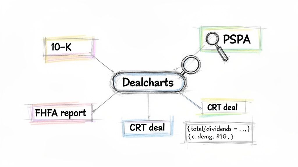 A detailed mind map centered on 'Dealcharts', illustrating connections to financial reports like 10-K, PSPA, FHFA report, and CRT deals.