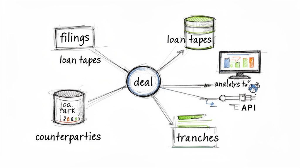 Diagram illustrating a financial deal's components including filings, loan tapes, counterparties, tranches, analysis, and API.