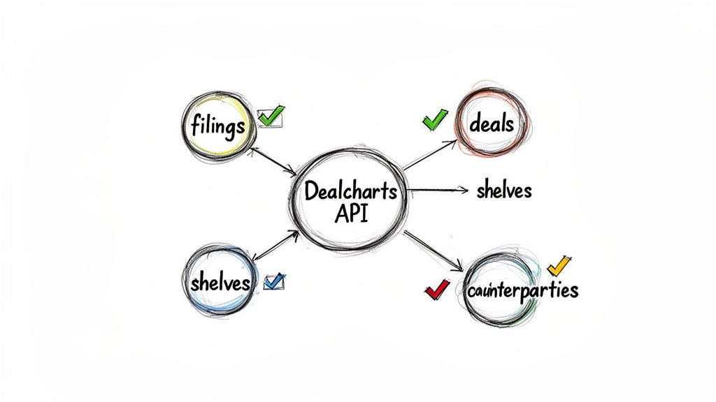 A diagram illustrates the Dealcharts API connecting to filings, deals, shelves, and counterparties with checkmarks.