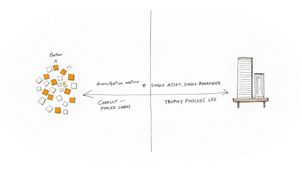 Diagram illustrating a comparison between pooled loans with diversification and single asset, single borrower trophy properties.