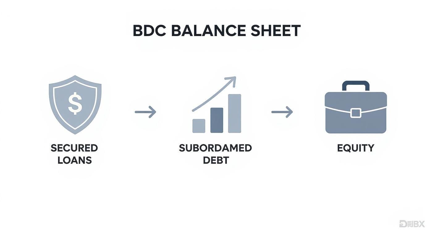 Infographic showing the typical asset composition of a Business Development Company, including secured loans, subordinated debt, and equity.