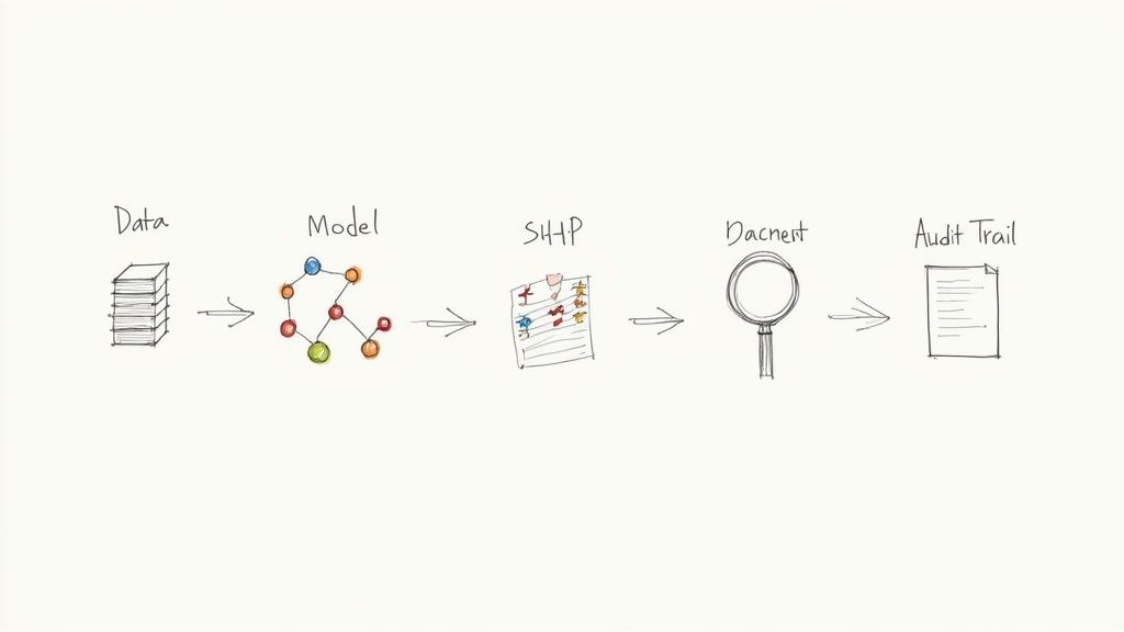 A flowchart illustrating a process from data input, through a model and SHAP, to Dacnent and an audit trail.