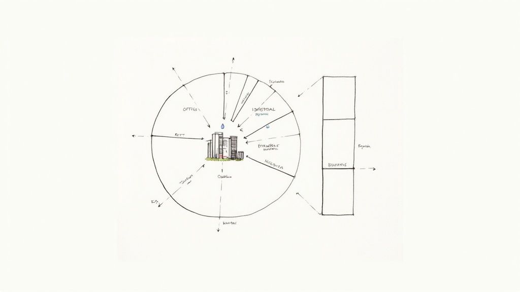 A detailed architectural model of a city's commercial district, with magnifying glasses focusing on different building types like office, retail, and industrial.