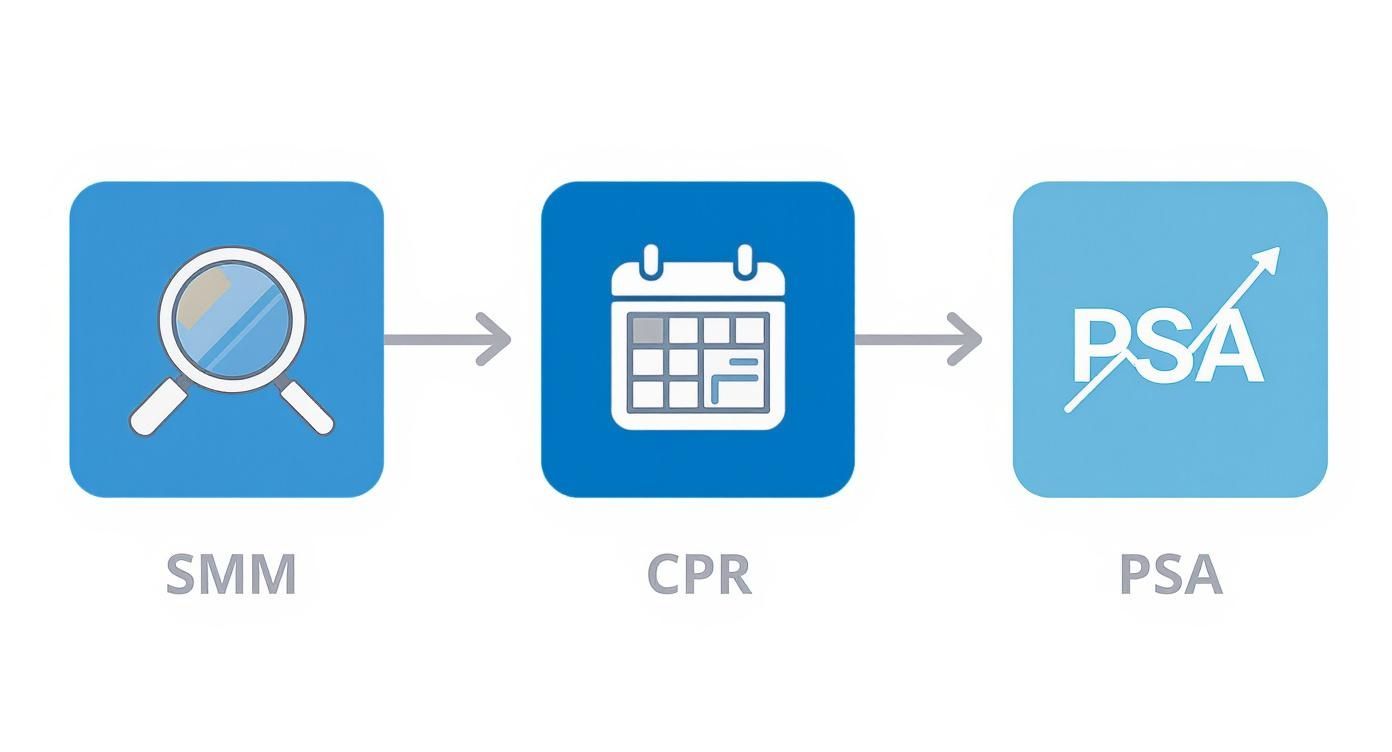 Flow diagram showing SMM to CPR to PSA conversion process for mortgage prepayment analysis
