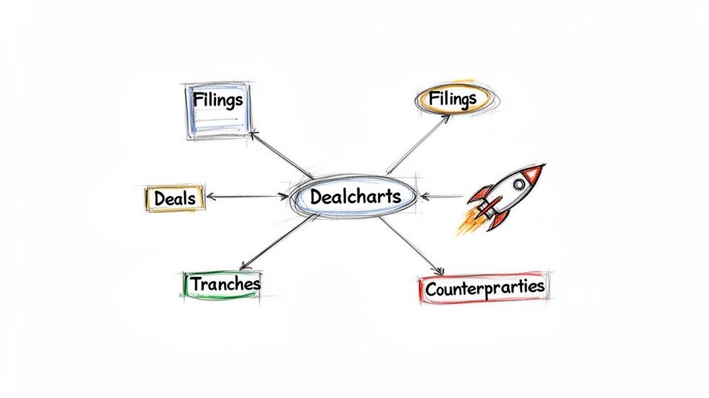 Mind map illustrating Dealcharts connected to financial elements: filings, deals, tranches, counterparties, plus a rocket icon.