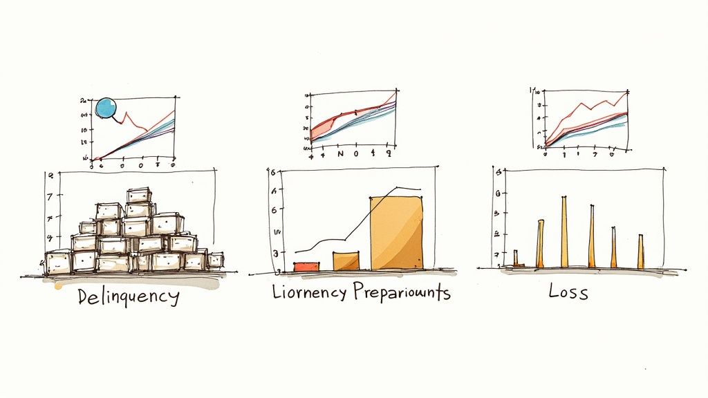 Hand-drawn charts showing delinquency trends, liornency prepayaments bar graph, and loss metrics visualization