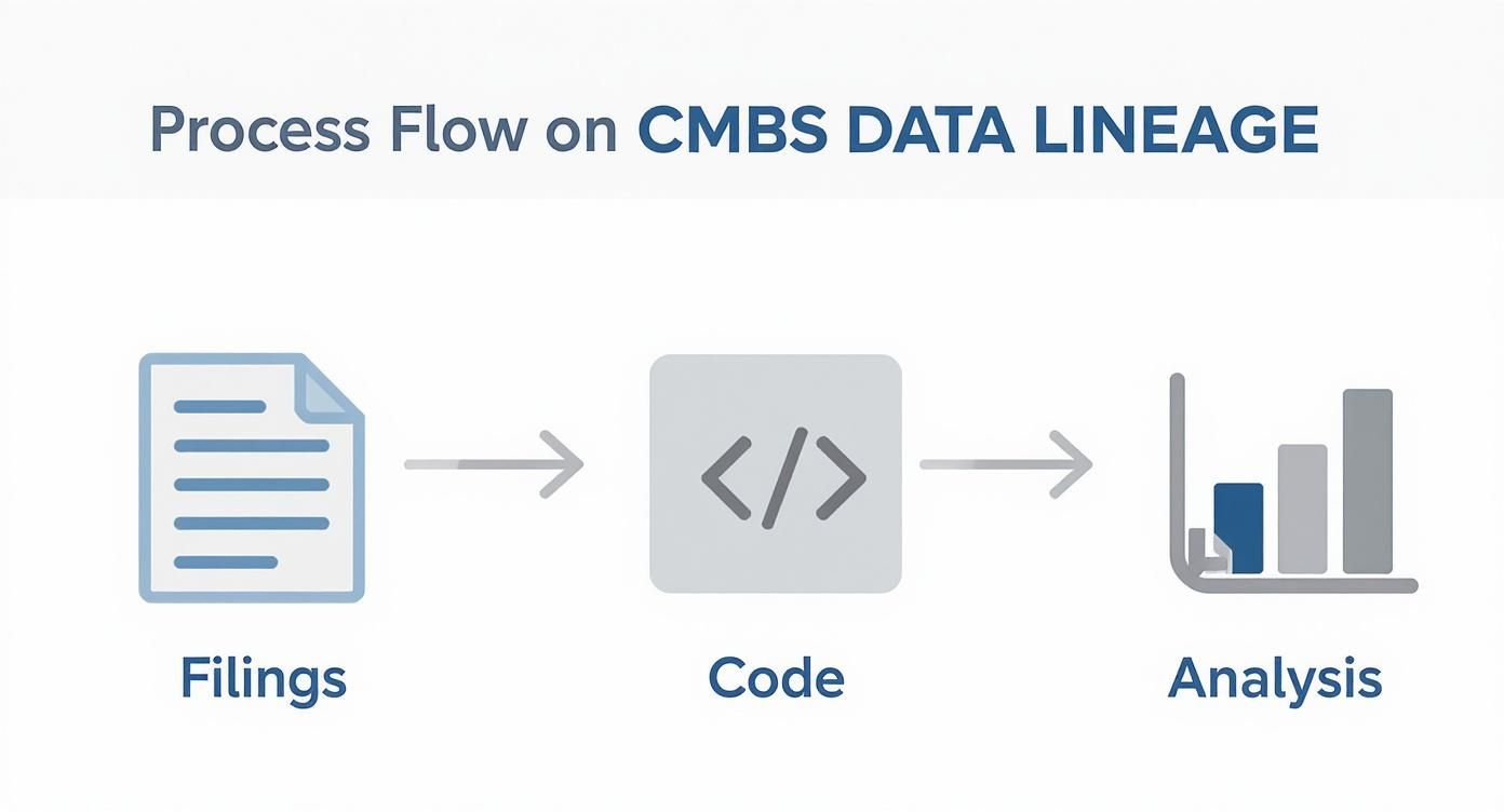Process flow diagram showing CMBS data lineage, moving from filings through code to analysis.