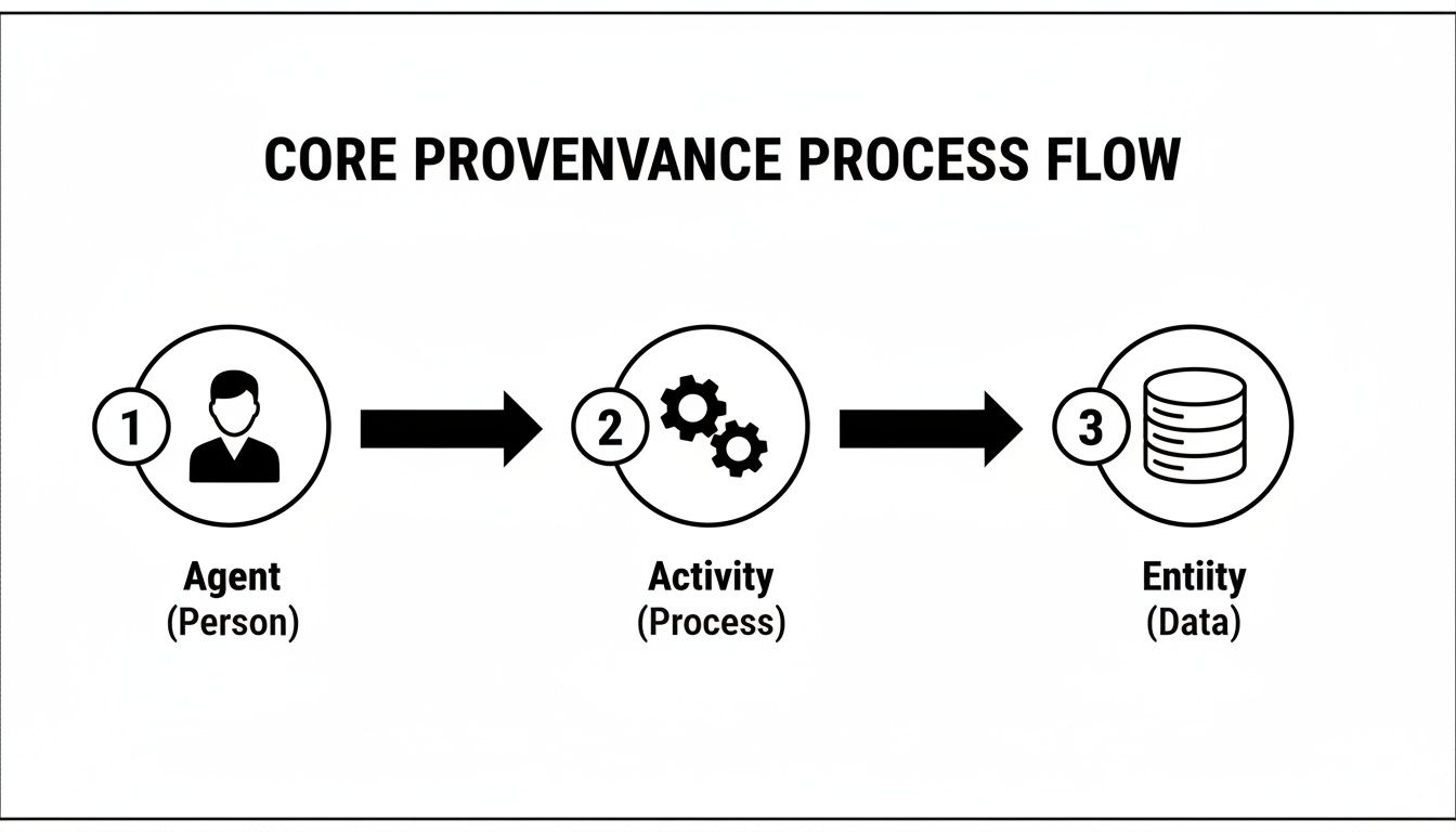 Diagram illustrating the core provenance process flow: Agent (Person) performs an Activity (Process) to create an Entity (Data).