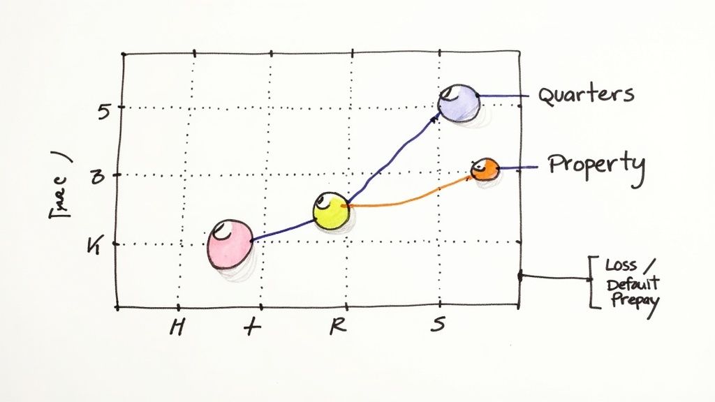 A hand-drawn graph illustrating two time series, 'Quarters' and 'Property', with labels and data points.