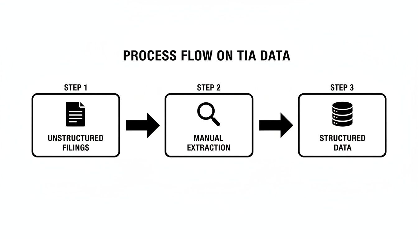 A three-step process flow on TIA data, from unstructured filings to structured data via manual extraction.