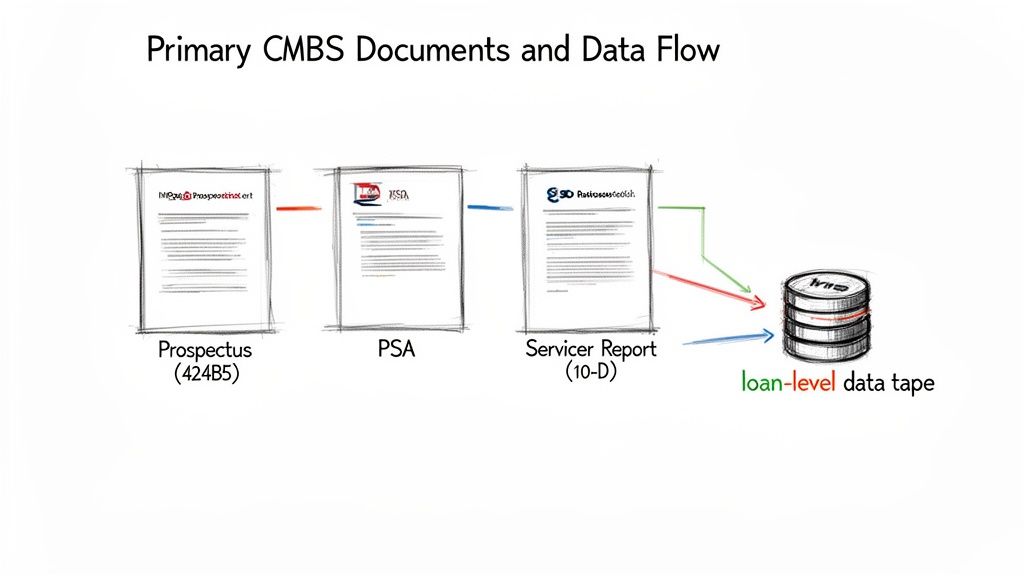 Diagram illustrating the flow of primary CMBS documents like Prospectus and Servicer Report to loan-level data tape.