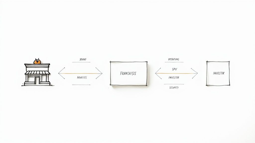 Diagram illustrating the flow of brand, royalties,operations, and security between a business, franchises, and an investor.